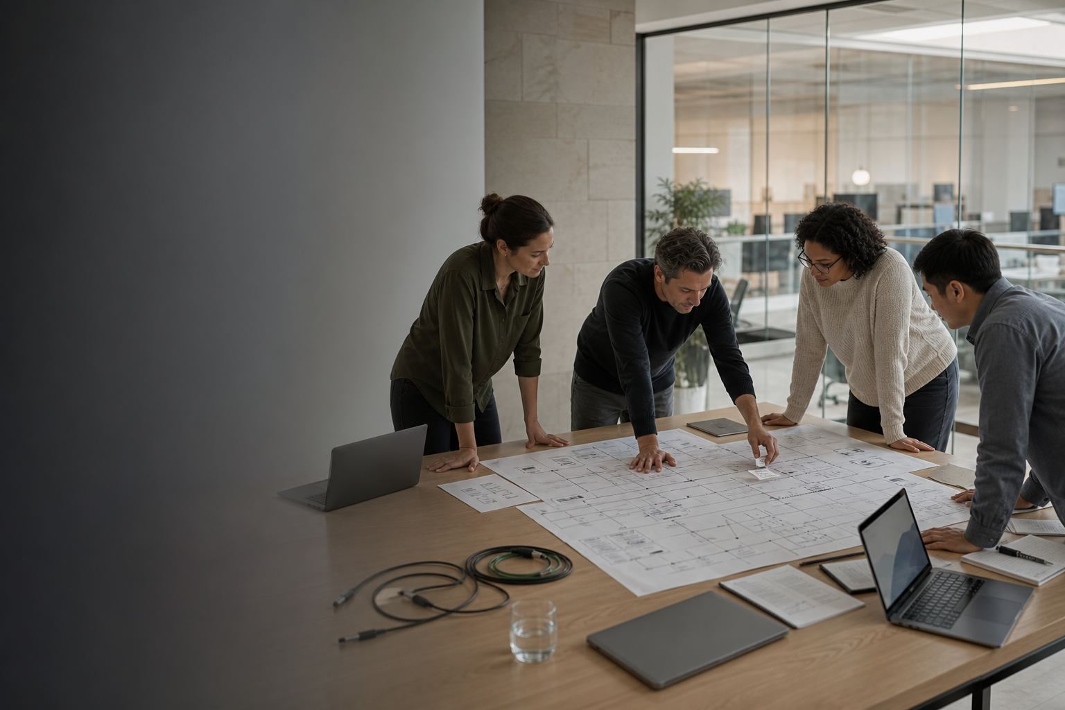 Technology practitioners reviewing a physical enterprise systems map