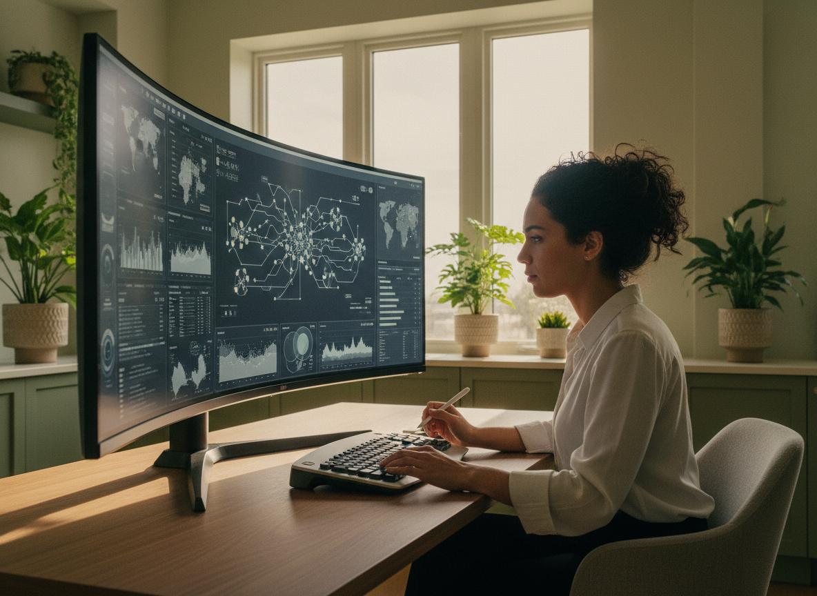 AI engineer examining a complex analytics and model operations workspace